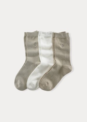 Skarpetki Ralph Lauren Flat Knit Crew Sock 3-Pack Damskie Białe Szare | WADK8878