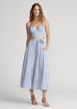 Spódnice Ralph Lauren Striped Cotton A-Line Skirt Damskie Białe Niebieskie | ZDUS1919