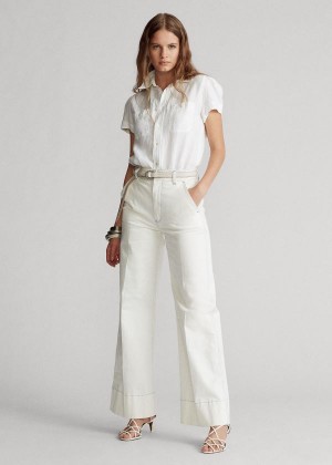 Spodnie Ralph Lauren Cotton-Blend Wide-Leg Pant Damskie Głęboka Białe | SBIH3247