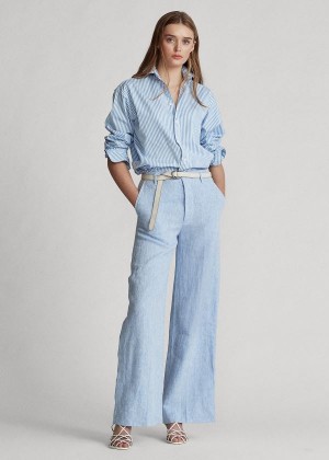 Spodnie Ralph Lauren Linen Wide-Leg Pant Damskie Głęboka Niebieskie | RIWJ3741