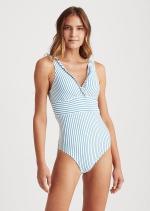 Stroje Pływackie Ralph Lauren Ruffle-Trim Striped One-Piece Damskie Niebieskie Białe | LOBA4417