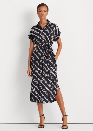 Sukienka Ralph Lauren Anchor-Print Crepe Shirtdress Damskie Granatowe Kremowe | TDAF7330