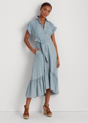 Sukienka Ralph Lauren Belted Chambray Shirtdress Damskie Niebieskie Niebieskie | XLXW9152