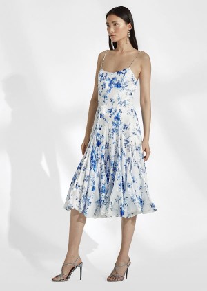 Sukienka Ralph Lauren Denisa Floral Satin Dress Damskie Niebieskie Białe | KZES5894