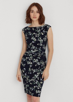 Sukienka Ralph Lauren Floral Boatneck Dress Damskie Granatowe Niebieskie Kolorowe | MQXQ7578