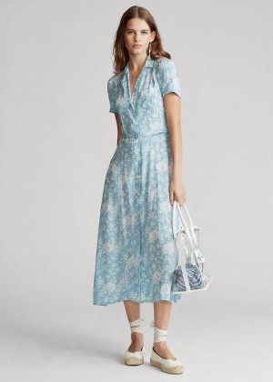 Sukienka Ralph Lauren Floral Crepe Midi Dress Damskie Niebieskie Białe | KJAW5928