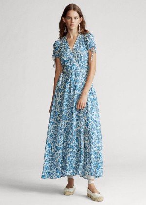 Sukienka Ralph Lauren Floral Crepe Wrap Dress Damskie Białe Niebieskie | XCNO2348