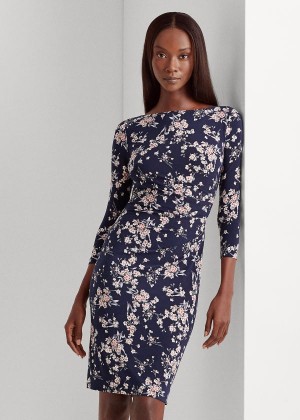 Sukienka Ralph Lauren Floral Ruched Jersey Dress Damskie Granatowe Kolorowe | LGBZ9268