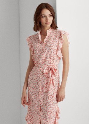 Sukienka Ralph Lauren Floral Ruffled Crepe Dress Damskie Czerwone Białe | NHPA8163