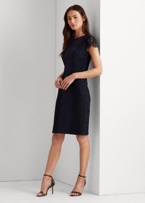 Sukienka Ralph Lauren Jersey-Lace Cocktail Dress Damskie Granatowe | SAUG6452