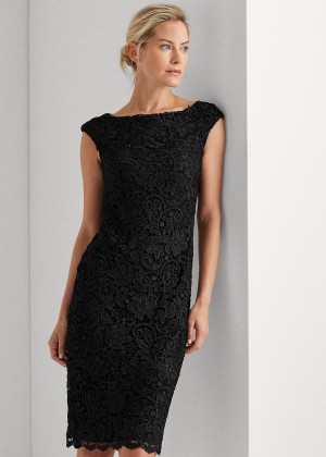 Sukienka Ralph Lauren Lace Cap-Sleeve Dress Damskie Czarne | JWLX7599