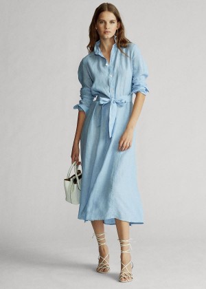 Sukienka Ralph Lauren Linen Shirtdress Damskie Głęboka Niebieskie | WYZE4199