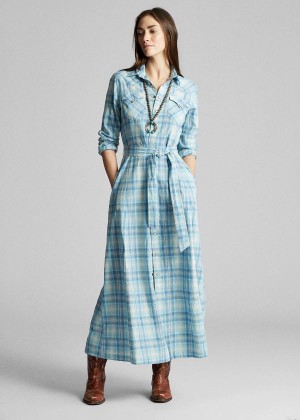 Sukienka Ralph Lauren Plaid Cotton Shirtdress Damskie Głęboka Niebieskie | QAJX9381