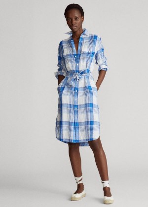 Sukienka Ralph Lauren Plaid Linen Shirtdress Damskie Białe Niebieskie Kolorowe | MPJW6514