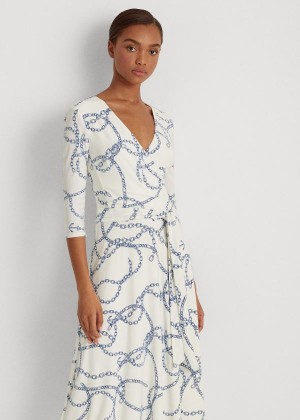 Sukienka Ralph Lauren Printed Jersey Surplice Dress Damskie Kremowe Niebieskie | YZER9108