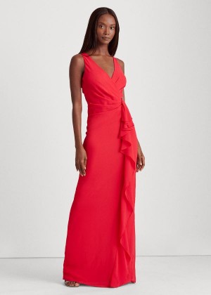 Sukienka Ralph Lauren Ruffle-Trim Georgette Gown Damskie Czerwone | FZWK8901