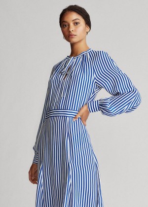 Sukienka Ralph Lauren Striped Silk-Blend Dress Damskie Królewski Niebieski Niebieskie Białe | JKUO8826