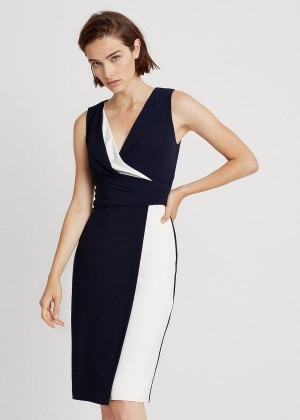 Sukienka Ralph Lauren Two-Tone Surplice Dress Damskie Głęboka Granatowe Białe | WKPB4355