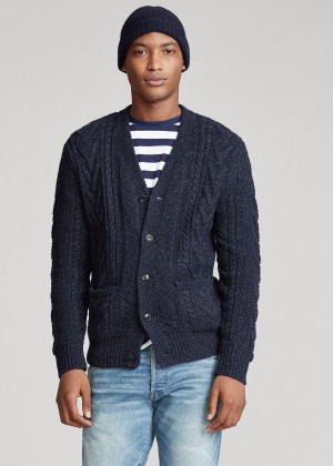 Swetry Ralph Lauren Aran Cotton-Blend Cardigan Męskie Granatowe | VXLB6050