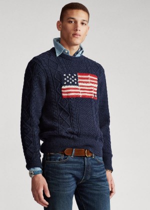 Swetry Ralph Lauren Aran Patchwork-Flag Sweater Męskie Granatowe | RSTF3659