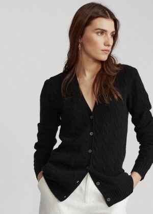 Swetry Ralph Lauren Cable-Knit Cashmere Cardigan Damskie Czarne | HMFT6786