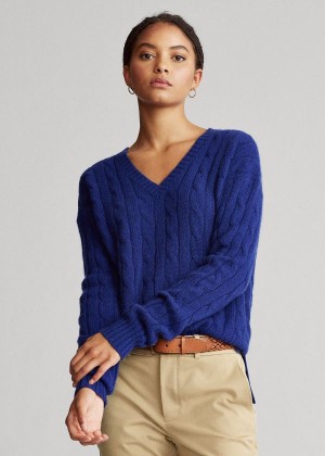 Swetry Ralph Lauren Cable-Knit Cashmere Sweater Damskie Królewski Niebieski Niebieskie | AYPZ3546