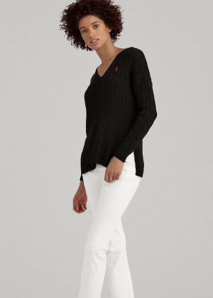 Swetry Ralph Lauren Cable-Knit Side-Slit Sweater Damskie Czarne | XFST9498