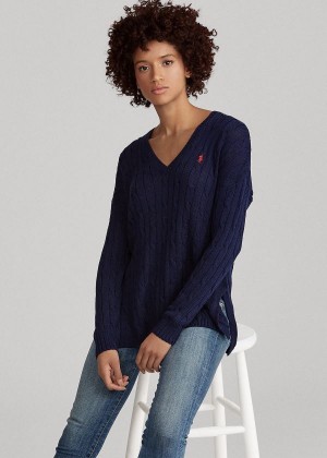 Swetry Ralph Lauren Cable-Knit Side-Slit Sweater Damskie Głęboka Granatowe | UPSU4151