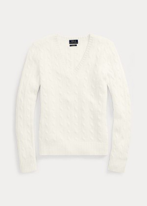 Swetry Ralph Lauren Cable Cashmere V-Neck Sweater Damskie Kremowe | UNYW2273