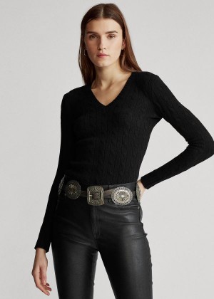 Swetry Ralph Lauren Cable Cashmere V-Neck Sweater Damskie Czarne | QXEI3734