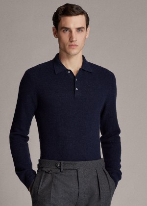 Swetry Ralph Lauren Cashmere Polo-Collar Sweater Męskie Granatowe | TWYK9001