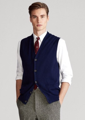 Swetry Ralph Lauren Cotton-Cashmere Sweater Vest Męskie Głęboka Granatowe | TIVC8480