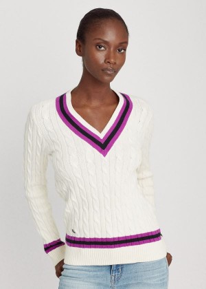 Swetry Ralph Lauren Cotton Cricket Sweater Damskie Kremowe Fioletowe | YSOR0663