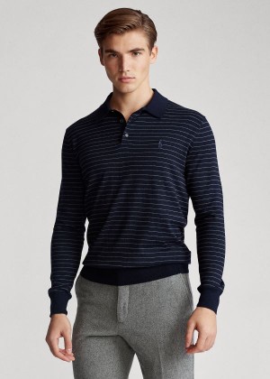 Swetry Ralph Lauren Cotton Polo-Collar Sweater Męskie Granatowe Szare | HCYG8959