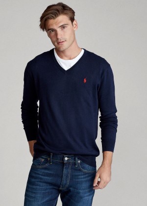 Swetry Ralph Lauren Cotton V-Neck Sweater Męskie Granatowe | PQKS6333