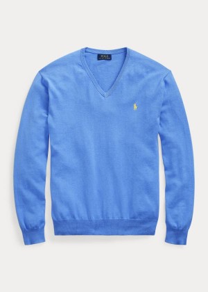 Swetry Ralph Lauren Cotton V-Neck Sweater Męskie Niebieskie | RKGZ7543