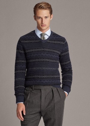 Swetry Ralph Lauren Fair Isle Cashmere Sweater Męskie Granatowe Kolorowe | DEKD9244