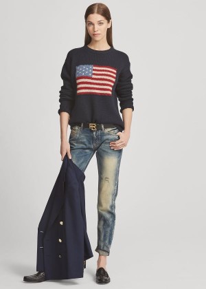 Swetry Ralph Lauren Flag Cashmere Crewneck Sweater Damskie Ciemny Niebieskie Kolorowe | SZVT2044