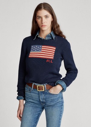 Swetry Ralph Lauren Flag Cotton Crewneck Sweater Damskie Granatowe | AMGI1003