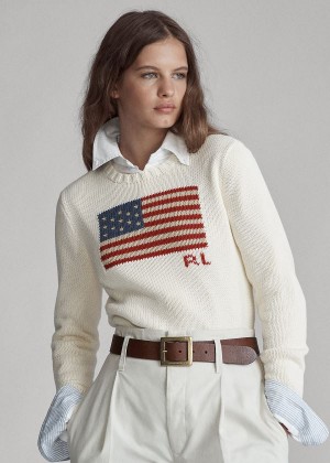 Swetry Ralph Lauren Flag Cotton Crewneck Sweater Damskie Kremowe Kolorowe | BNVT2080