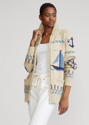 Swetry Ralph Lauren Full-Zip Shawl Cardigan Damskie Kremowe Kolorowe | EFYV5034