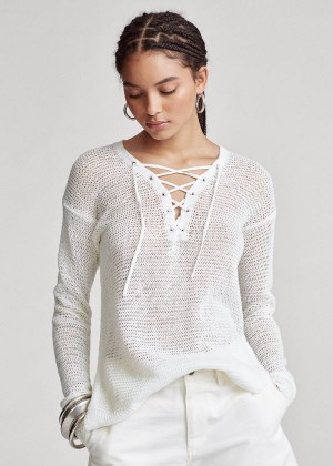 Swetry Ralph Lauren Lace-Up Linen Knit Top Damskie Białe | ZJGR4376