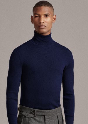 Swetry Ralph Lauren RLX Slim Ribbed Merino Sweater Męskie Granatowe | SJCD7389