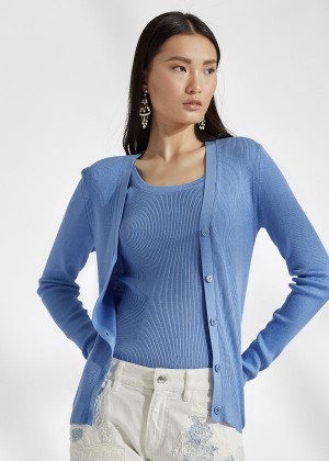 Swetry Ralph Lauren Rib-Knit Silk Cardigan Damskie Głęboka Niebieskie | SCVY6760