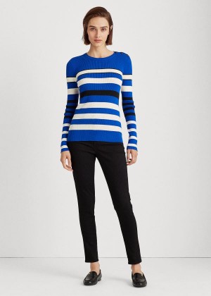 Swetry Ralph Lauren Ribbed Cotton-Blend Sweater Damskie Niebieskie Kremowe Czarne | KNYM4770