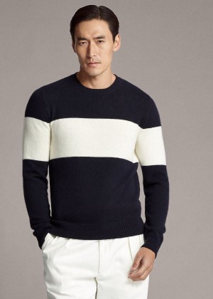 Swetry Ralph Lauren Striped Cashmere Sweater Męskie Granatowe Kremowe | UEEM8714