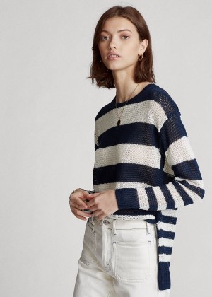 Swetry Ralph Lauren Striped Linen Sweater Damskie Granatowe Białe | NGNF7833