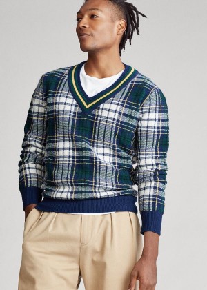 Swetry Ralph Lauren Tartan Wool Cricket Sweater Męskie Głęboka Granatowe Kremowe Kolorowe | MWXH9921