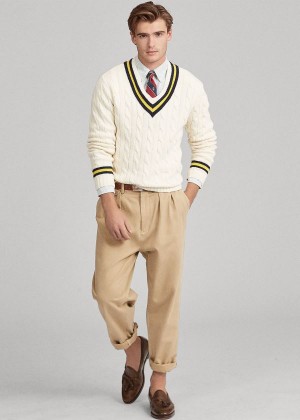 Swetry Ralph Lauren The Iconic Cricket Sweater Męskie Kremowe Granatowe Żółte | QIYU8952