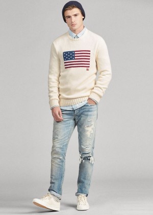 Swetry Ralph Lauren The Iconic Flag Sweater Męskie Kremowe | IBXX7122